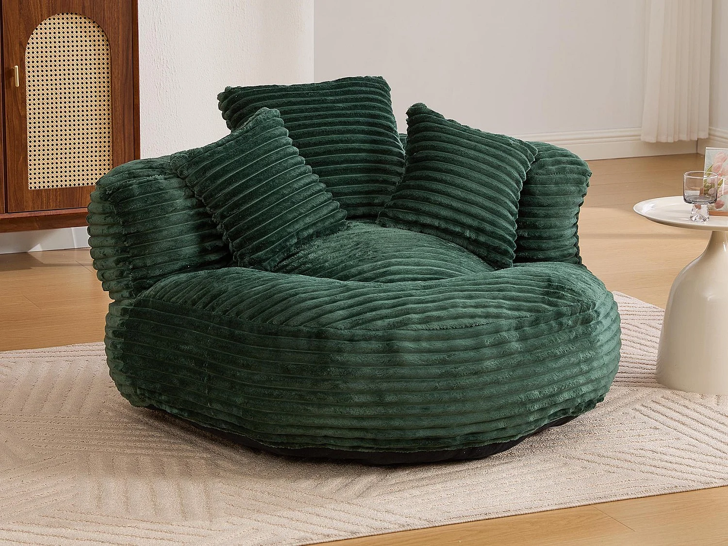 Fauteuil poire en velours côtelé - Pouf Vert – Grand modèle – 3 coussins inclus – Ultra moelleux – Pour adultes et enfants