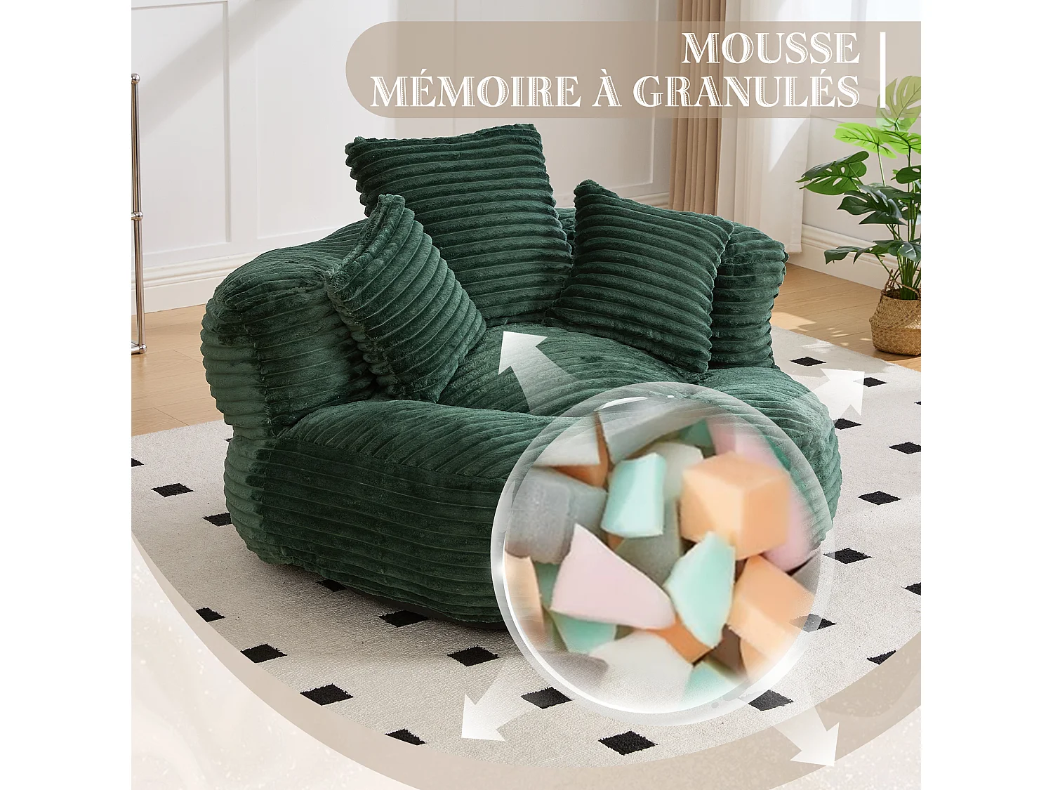 Fauteuil poire en velours côtelé - Pouf Vert – Grand modèle – 3 coussins inclus – Ultra moelleux – Pour adultes et enfants