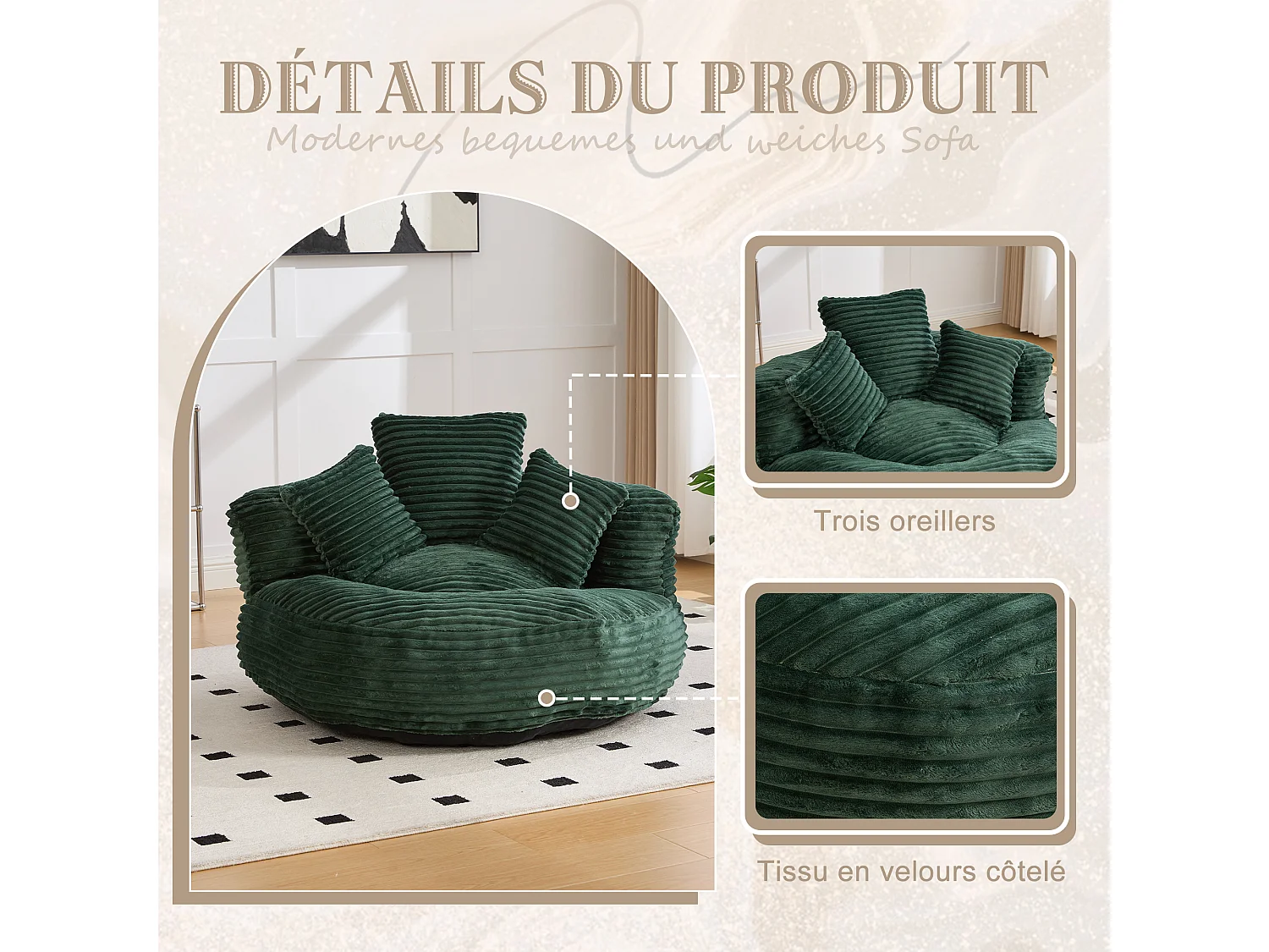 Fauteuil poire en velours côtelé - Pouf Vert – Grand modèle – 3 coussins inclus – Ultra moelleux – Pour adultes et enfants
