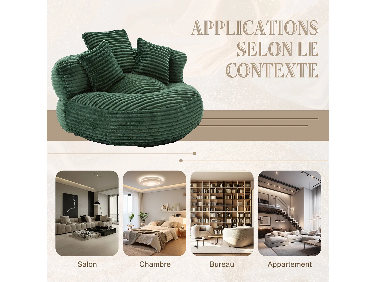 Fauteuil poire en velours côtelé - Pouf Vert – Grand modèle – 3 coussins inclus – Ultra moelleux – Pour adultes et enfants