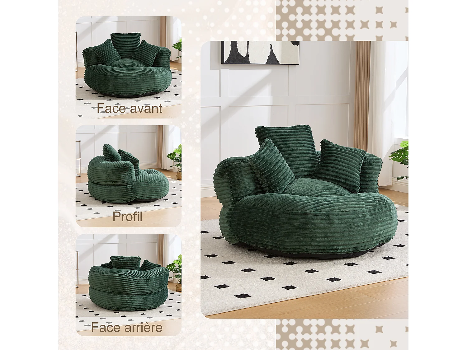 Fauteuil poire en velours côtelé - Pouf Vert – Grand modèle – 3 coussins inclus – Ultra moelleux – Pour adultes et enfants