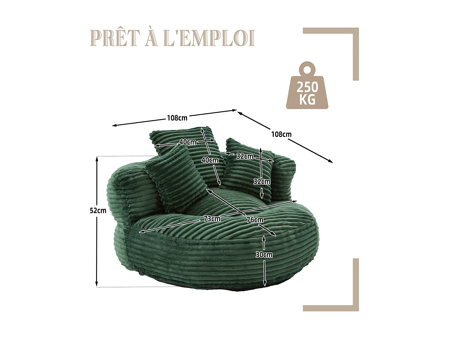 Fauteuil poire en velours côtelé - Pouf Vert – Grand modèle – 3 coussins inclus – Ultra moelleux – Pour adultes et enfants