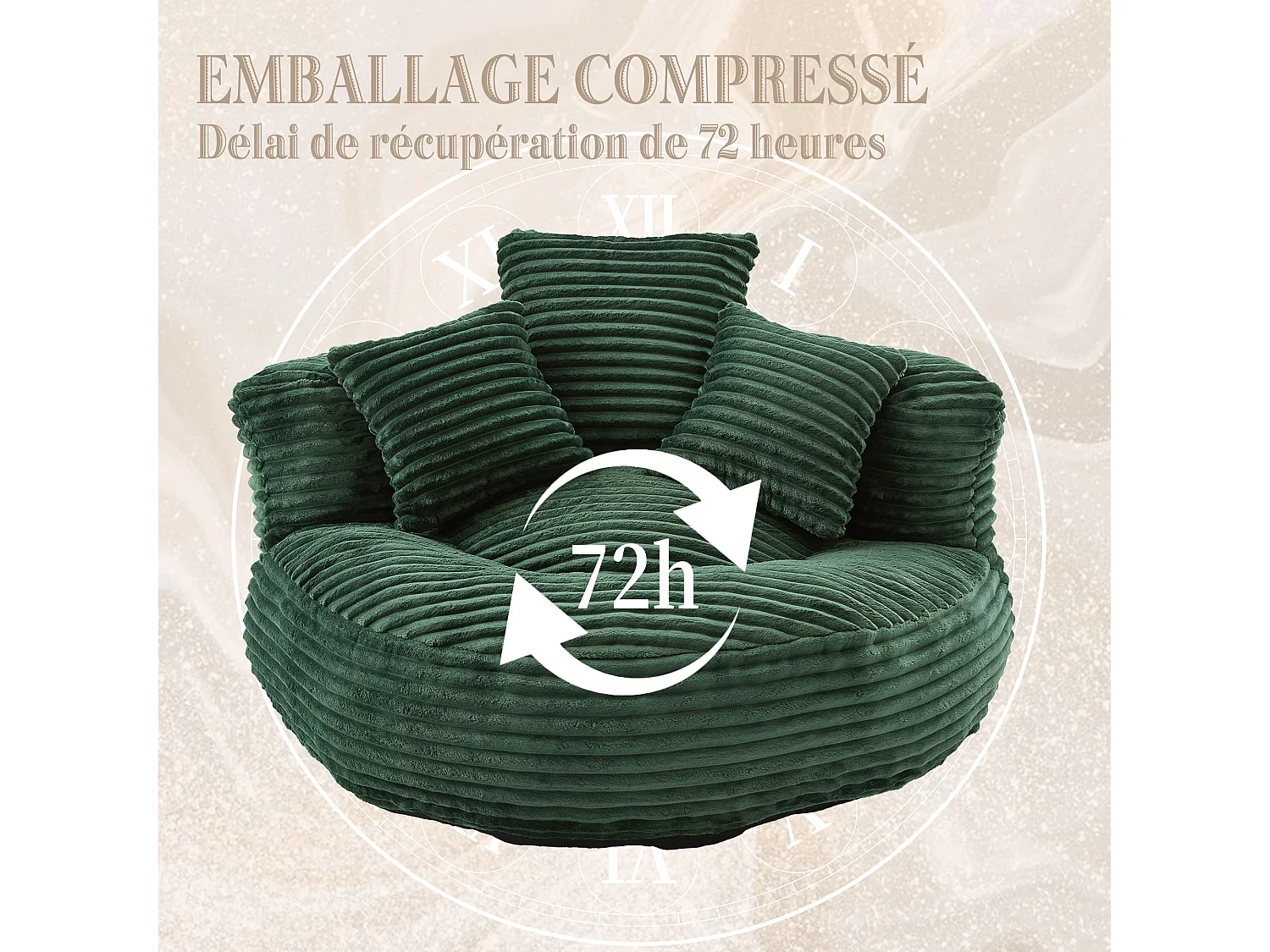 Fauteuil poire en velours côtelé - Pouf Vert – Grand modèle – 3 coussins inclus – Ultra moelleux – Pour adultes et enfants