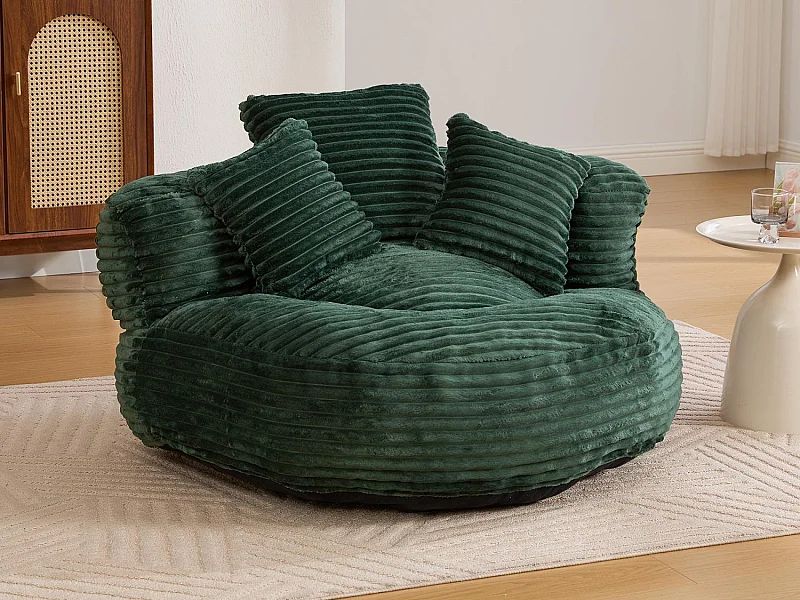 Fauteuil poire en velours côtelé - Pouf Vert – Grand modèle – 3 coussins inclus – Ultra moelleux – Pour adultes et enfants