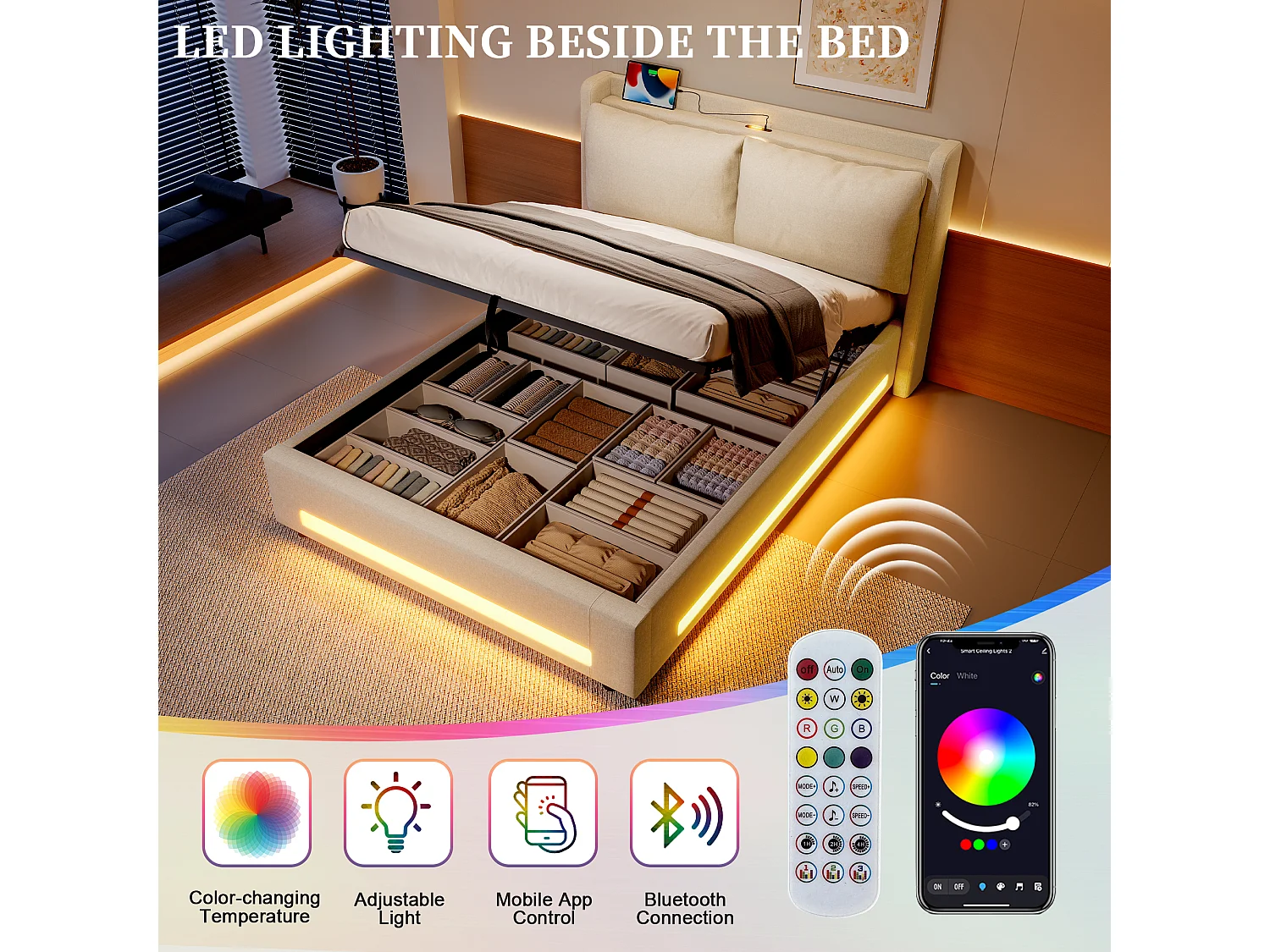 Lit Coffre 160x200 cm - Lit Rembourré - Rangement Hydraulique - Éclairage LED & USB-C - Coussin de Tête Amovible en Velours  - Beige - Idéal Chambre