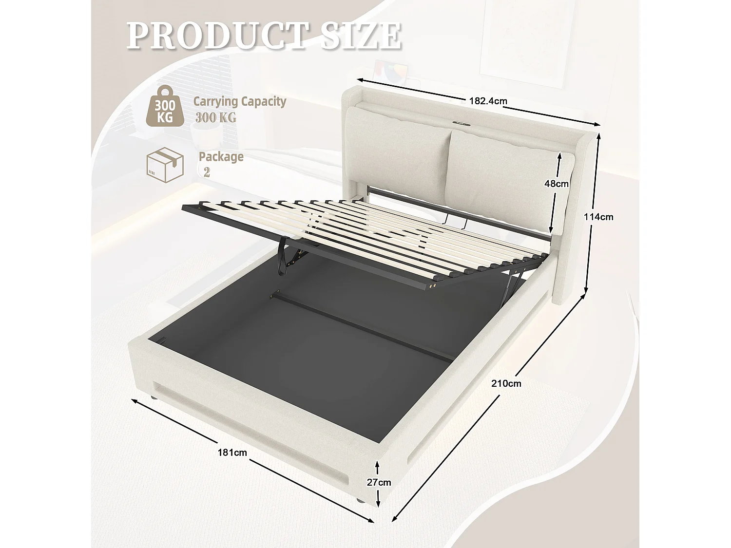 Lit Coffre 160x200 cm - Lit Rembourré - Rangement Hydraulique - Éclairage LED & USB-C - Coussin de Tête Amovible en Velours  - Beige - Idéal Chambre