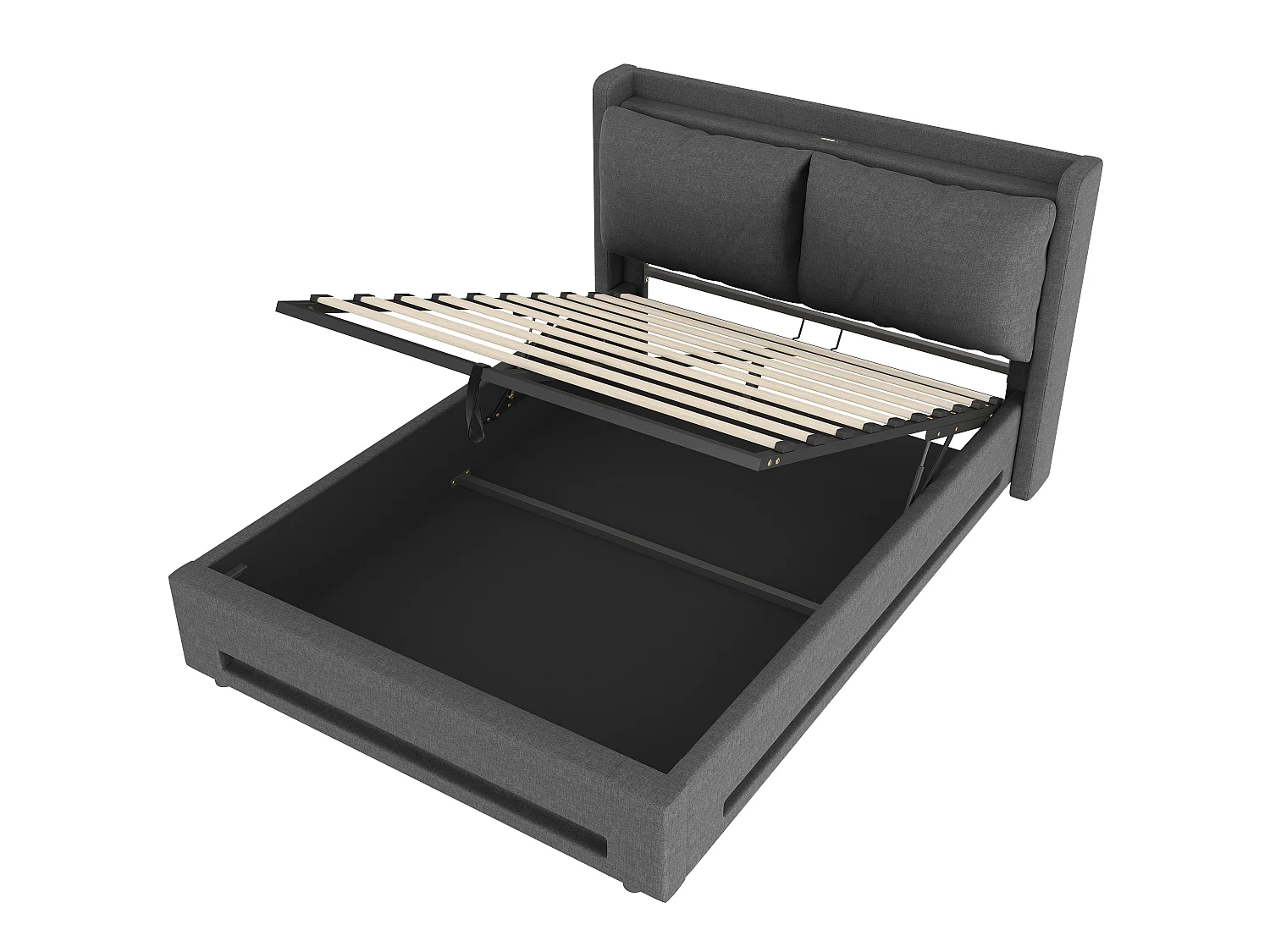 Lit Coffre 140x190 cm - Lit Rembourré - Rangement Hydraulique - Éclairage LED & USB-C - Coussin de Tête Amovible en Velours - Gris - Idéal Chambre