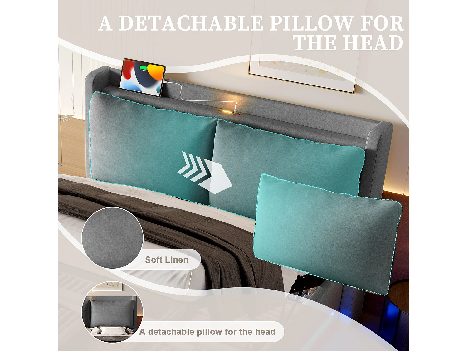 Lit Coffre 140x190 cm - Lit Rembourré - Rangement Hydraulique - Éclairage LED & USB-C - Coussin de Tête Amovible en Velours - Gris - Idéal Chambre