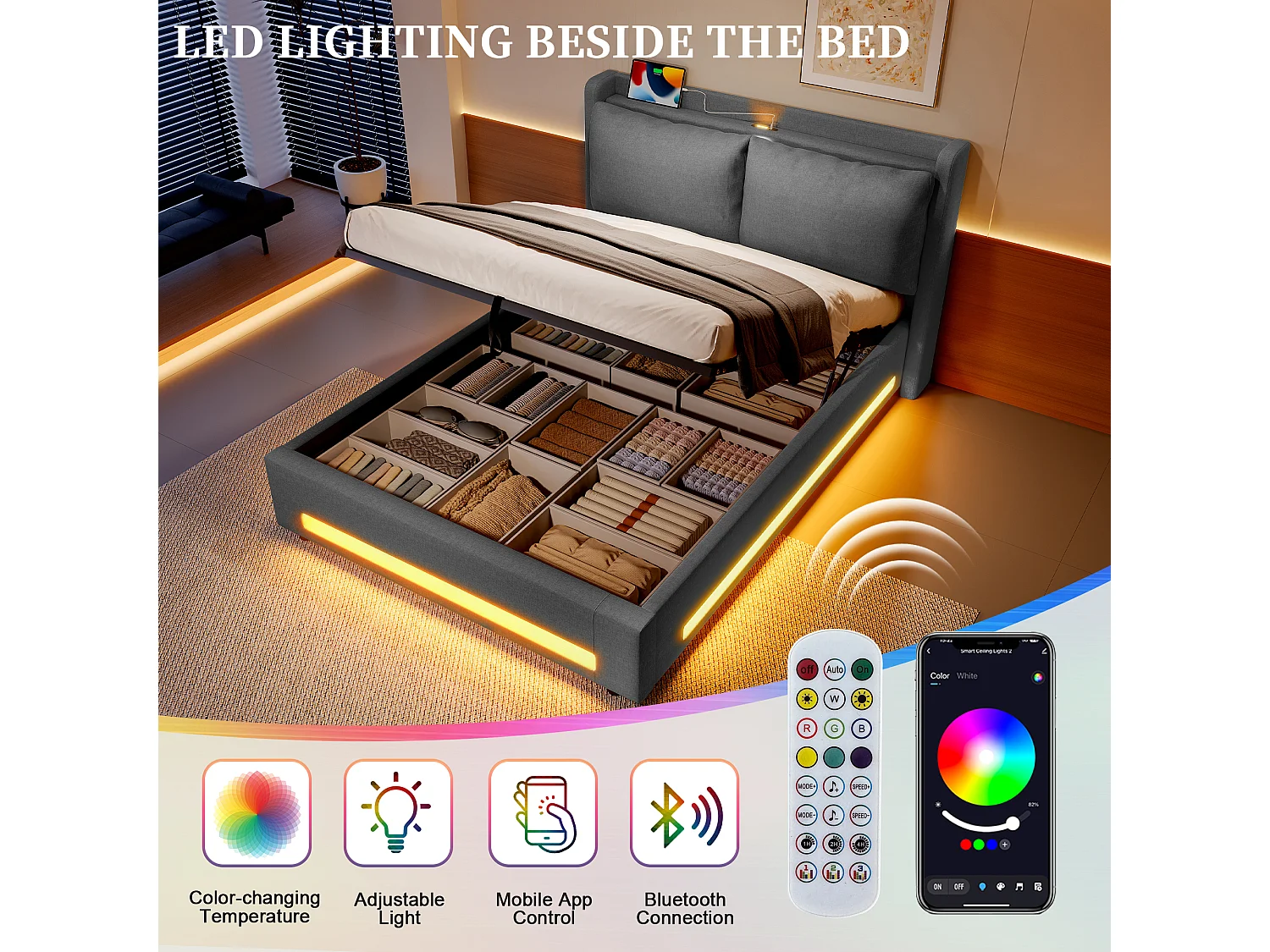 Lit Coffre 140x190 cm - Lit Rembourré - Rangement Hydraulique - Éclairage LED & USB-C - Coussin de Tête Amovible en Velours - Gris - Idéal Chambre