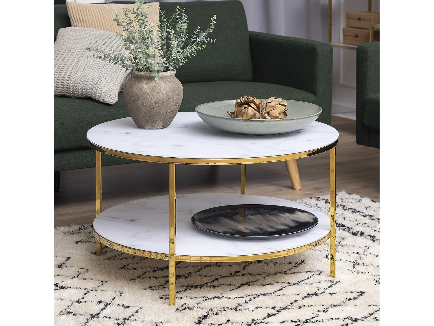 Table basse ronde effet marbre en verre et métal 2 niveaux