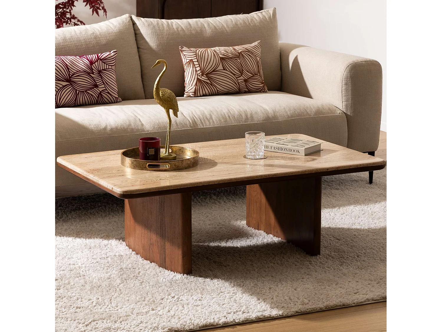 Table basse en acacia et travertin JIVAN - Marron