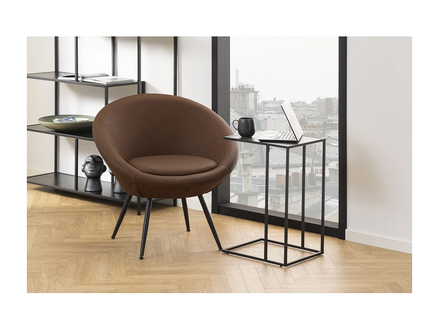 Table d'appoint ou à café rectangulaire haute effet marbre en Mélamine et Métal - L. 43 cm x H. 63 cm - Noir