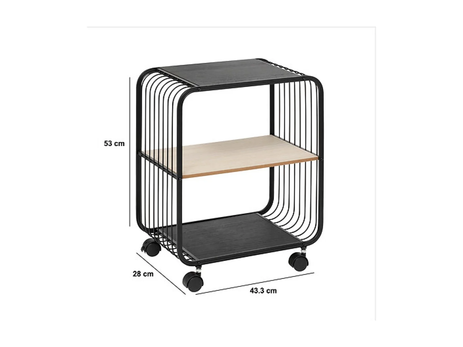 Étagère à roulettes 2 niveaux en métal et bois - Noir