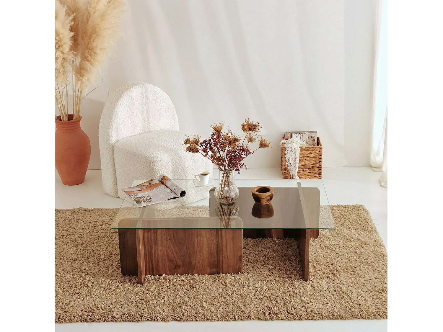 Table basse rectangulaire en panneaux de particules et verre long.105cm x larg.65cm - Marron foncé