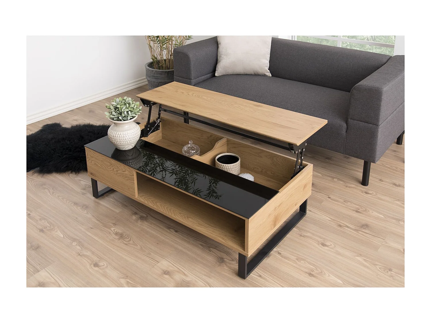 Table basse Azéla en verre et MDF avec plateaux relevable