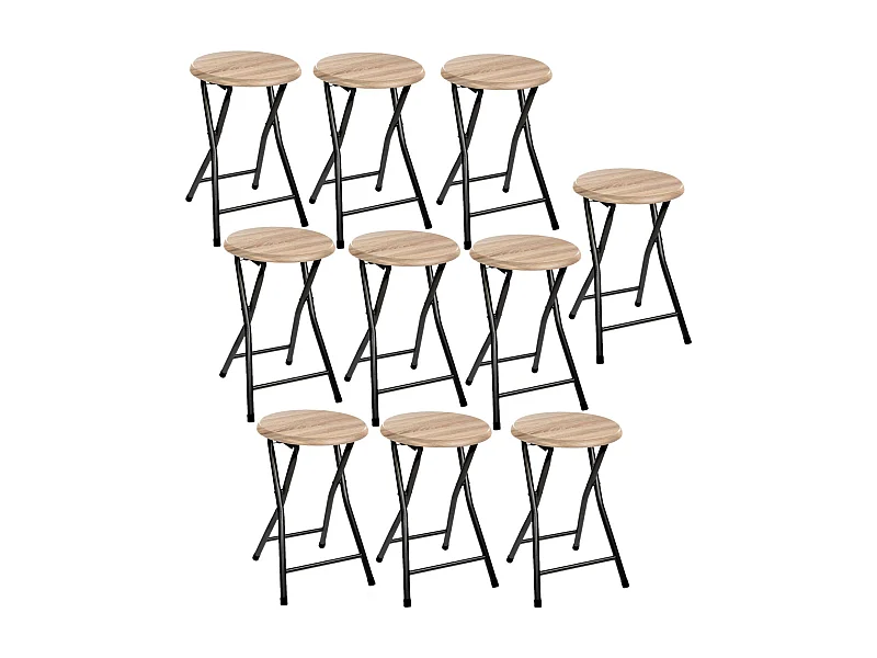 Lot de 10 tabourets pliants effet bois et métal - Beige et noir