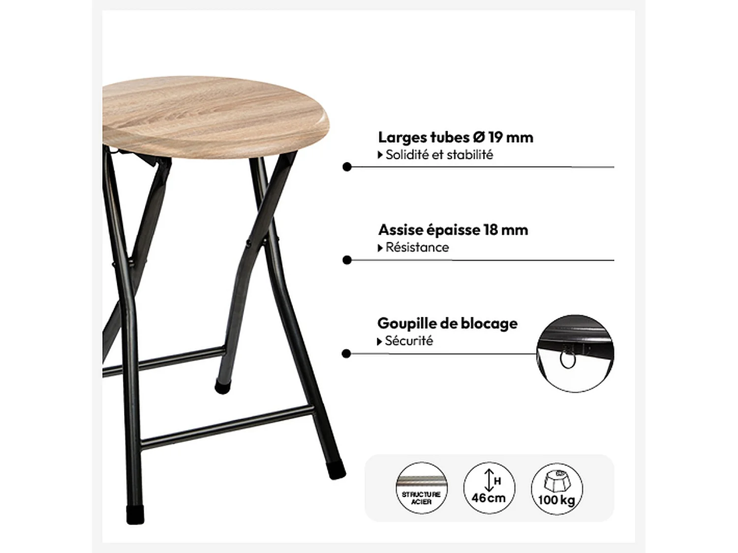 Lot de 10 tabourets pliants effet bois et métal - Beige et noir