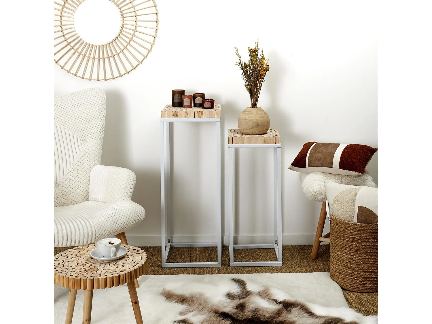 Set de 2 sellettes gigognes effet rondin de bois en bois et métal - Blanc et marron