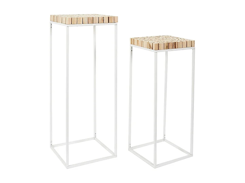 Set de 2 sellettes gigognes effet rondin de bois en bois et métal - Blanc et marron