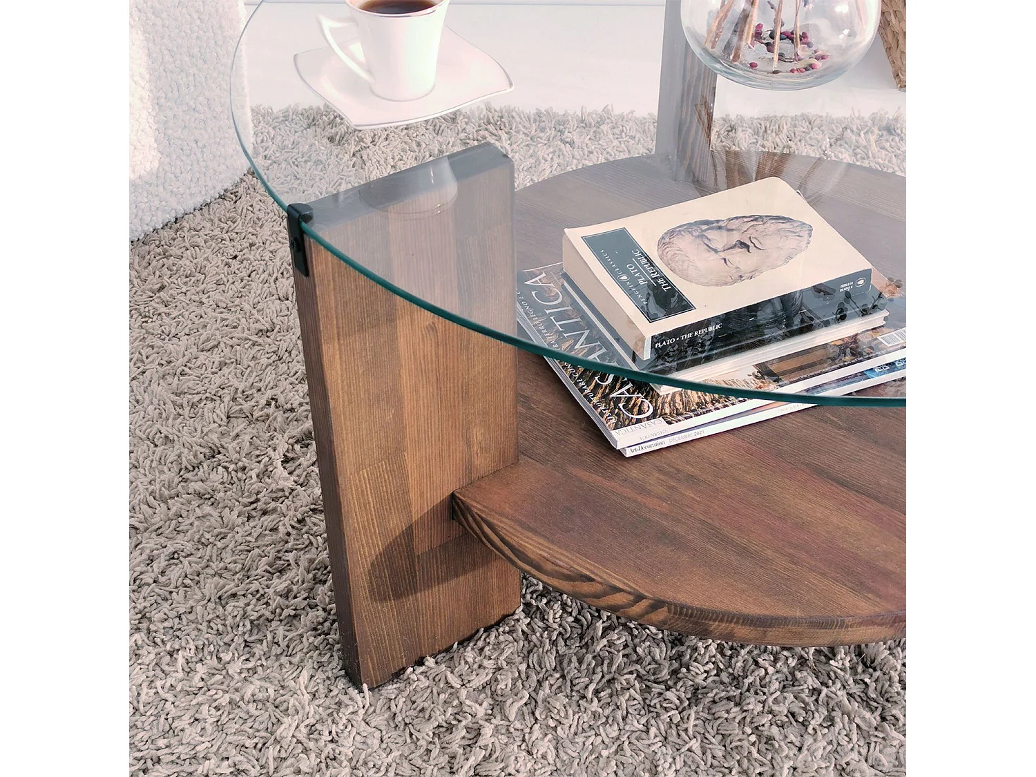 Table basse ronde en verre et panneaux de particules - Diam. 75cm H. 40cm - Marron