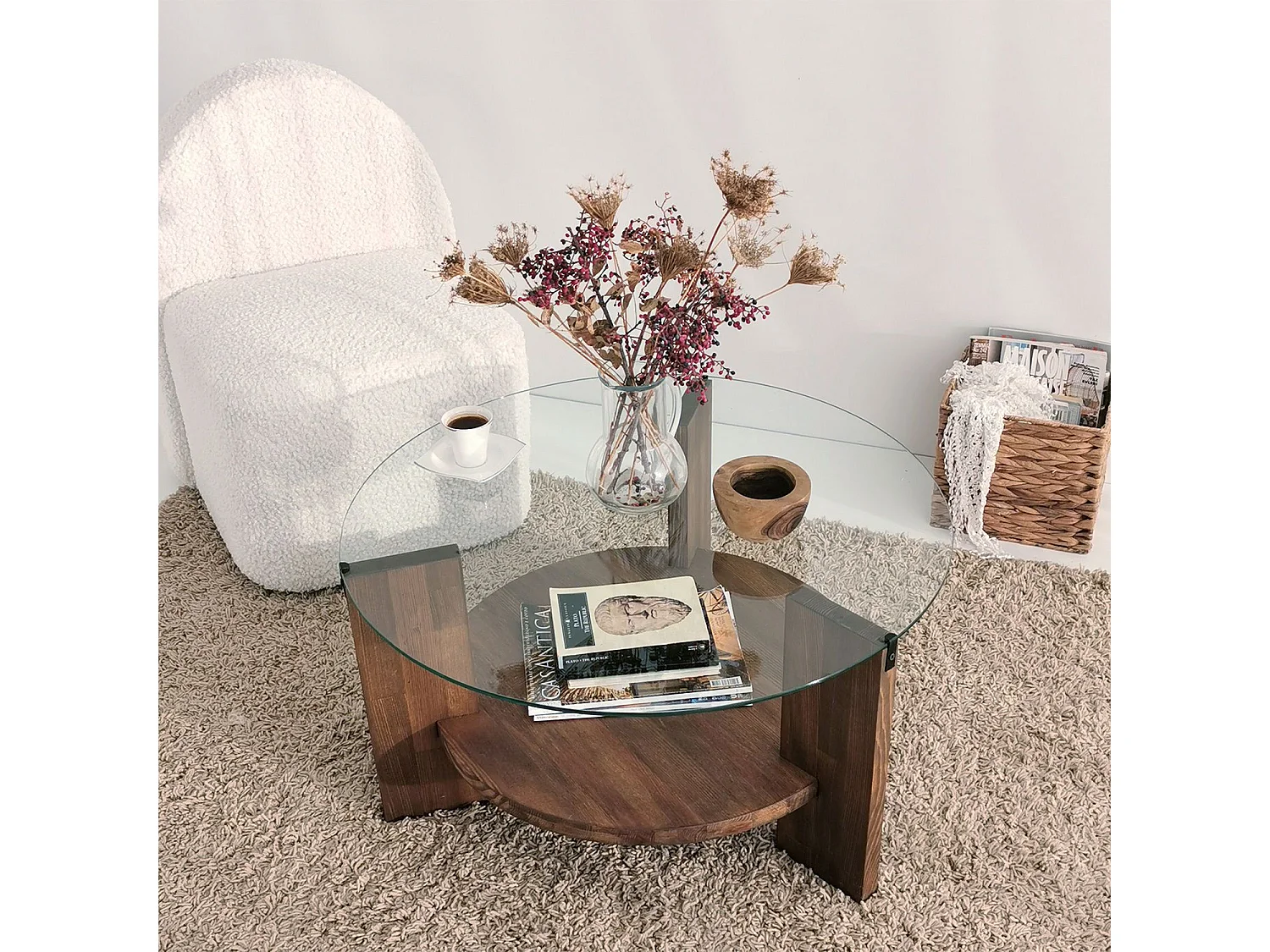 Table basse ronde en verre et panneaux de particules - Diam. 75cm H. 40cm - Marron