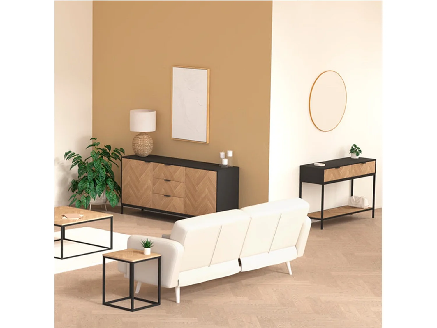 Bout de canapé en bois et métal CHEVRONS - Beige et noir