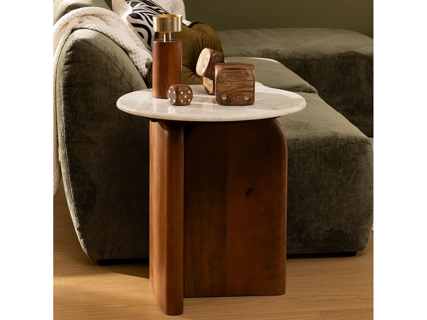 Table à café ronde en marbre et bois massif NANDA - Blanc