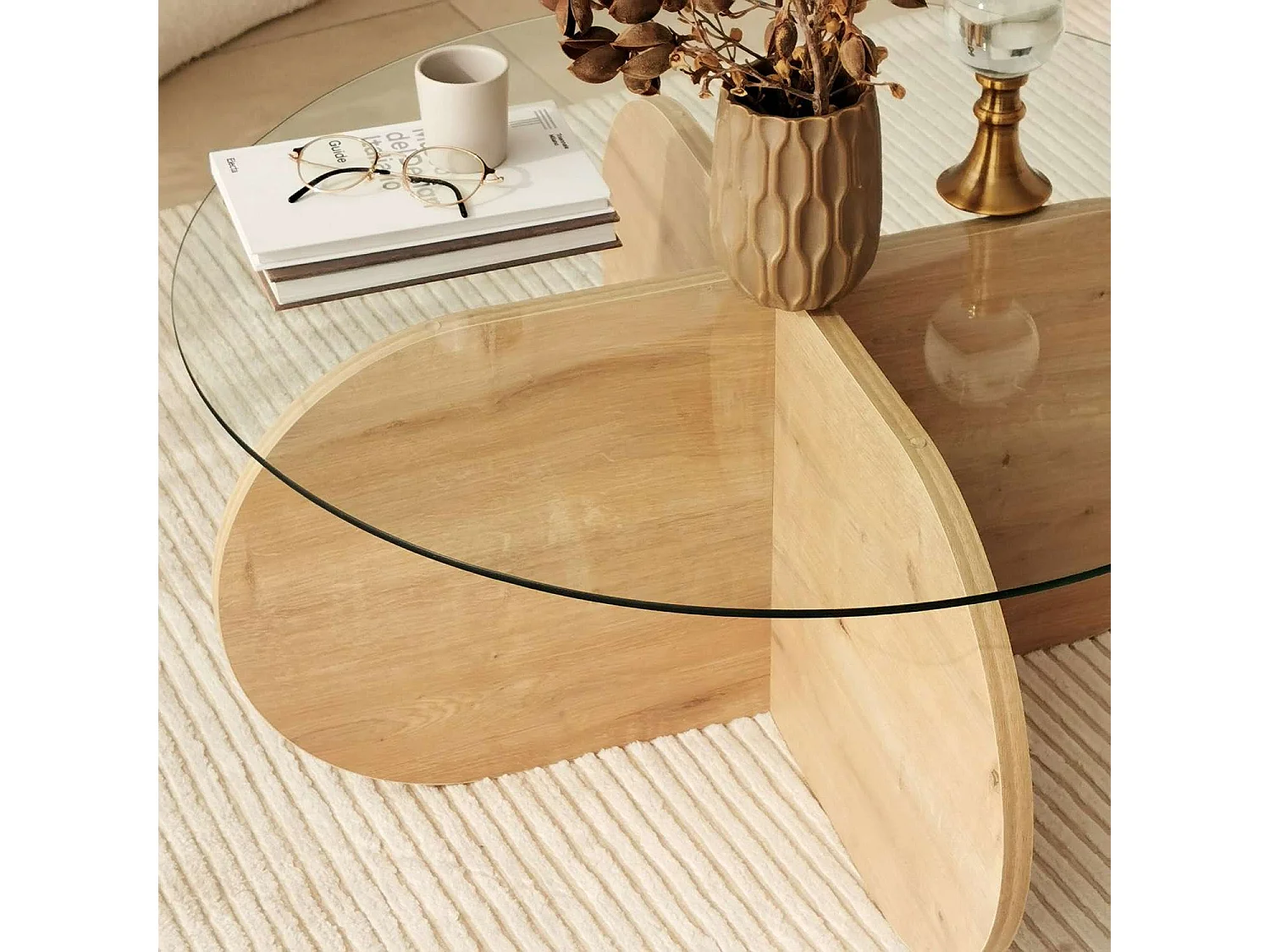 Table basse ronde Luminix en verre et bois - Beige