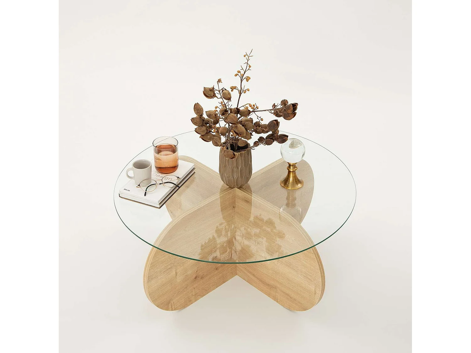 Table basse ronde Luminix en verre et bois - Beige