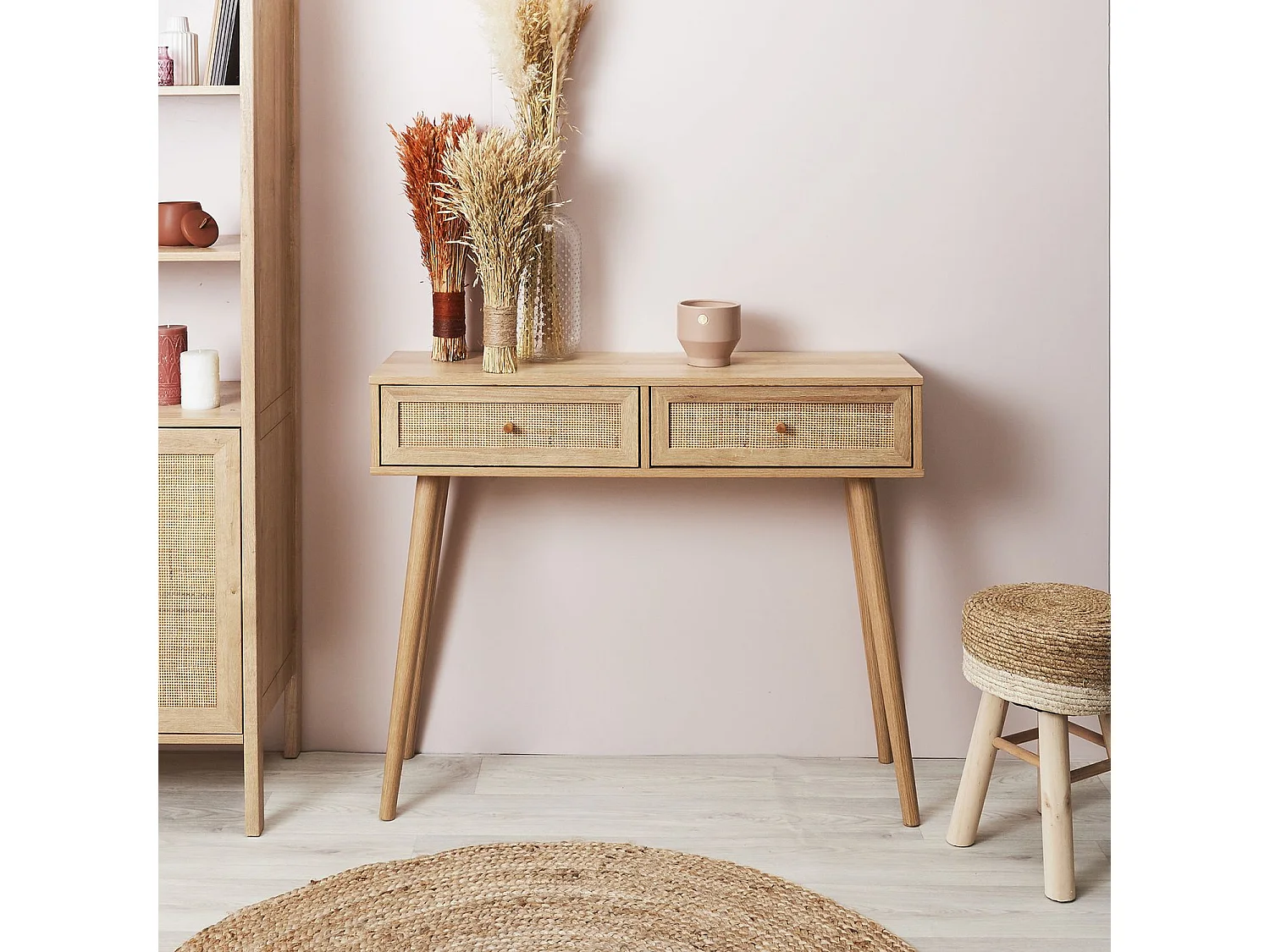 Console Bali à 2 tiroirs effet cannage - Beige