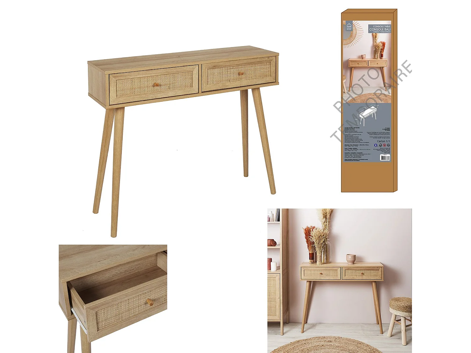 Console Bali à 2 tiroirs effet cannage - Beige