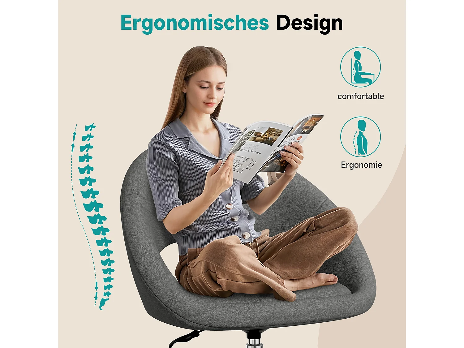 Bürostuhl Schminkstuhl,Homeoffice Stuhl mit Armlehnen,Drehstuhl mit Rrollen Boucle-Gewebe,höhenverstellbar,für Schminktisch,Arbeitszimmer, Schlafzimmer,150kg