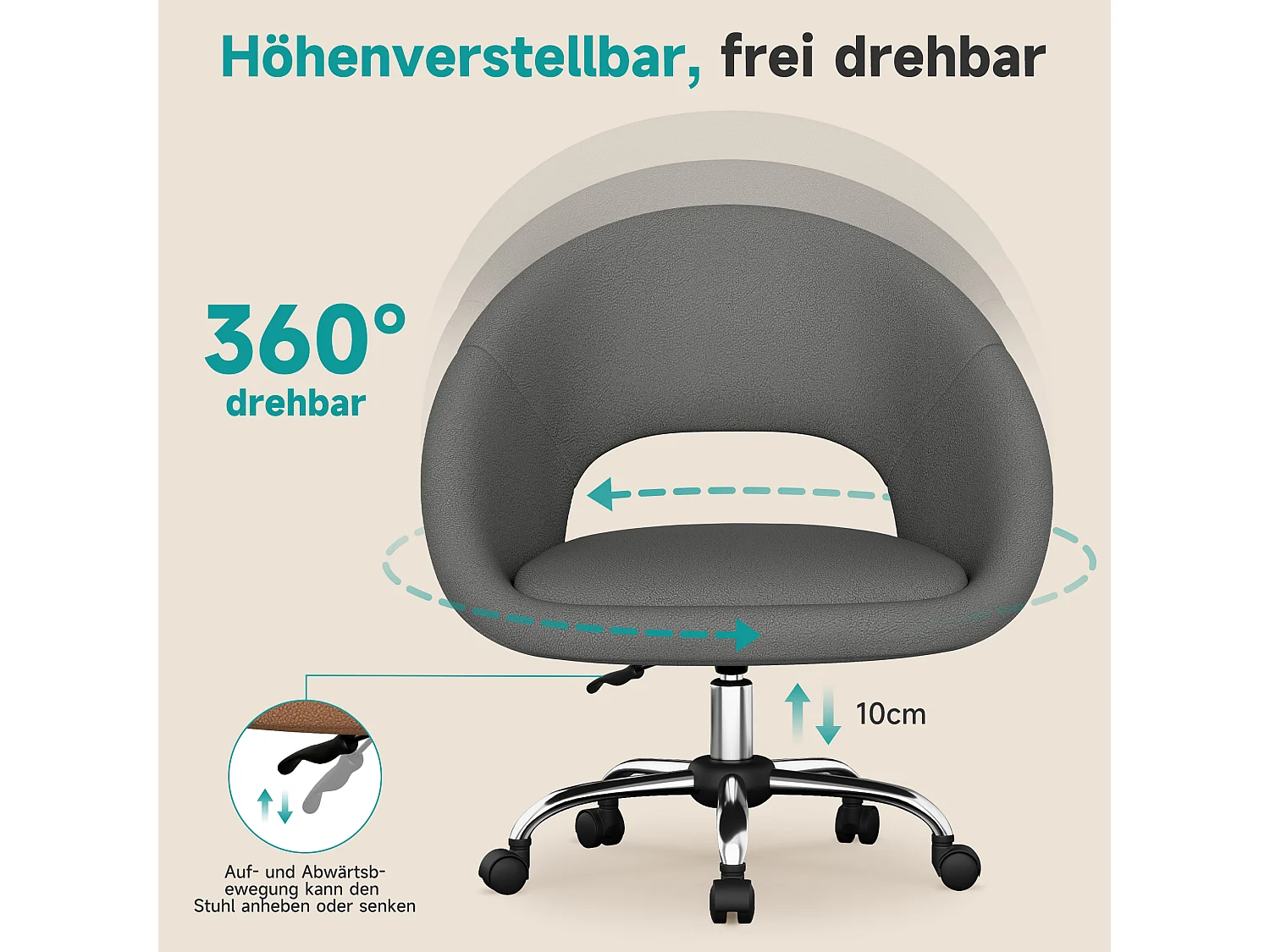 Bürostuhl Schminkstuhl,Homeoffice Stuhl mit Armlehnen,Drehstuhl mit Rrollen Boucle-Gewebe,höhenverstellbar,für Schminktisch,Arbeitszimmer, Schlafzimmer,150kg