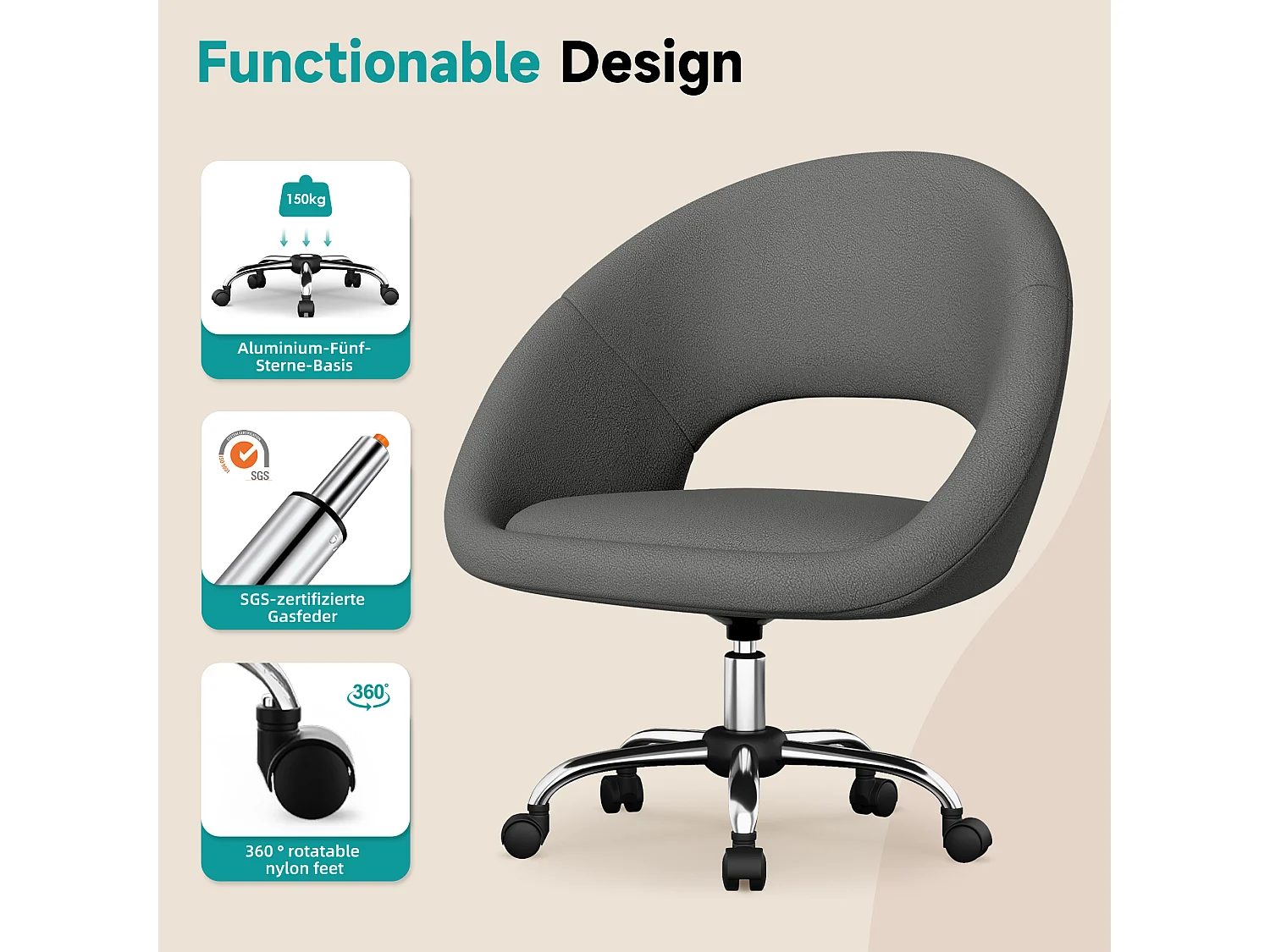 Bürostuhl Schminkstuhl,Homeoffice Stuhl mit Armlehnen,Drehstuhl mit Rrollen Boucle-Gewebe,höhenverstellbar,für Schminktisch,Arbeitszimmer, Schlafzimmer,150kg