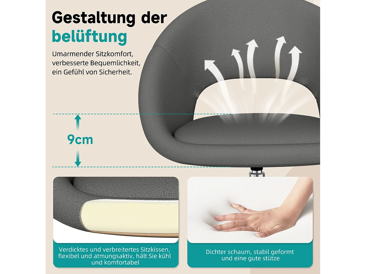 Bürostuhl Schminkstuhl,Homeoffice Stuhl mit Armlehnen,Drehstuhl mit Rrollen Boucle-Gewebe,höhenverstellbar,für Schminktisch,Arbeitszimmer, Schlafzimmer,150kg