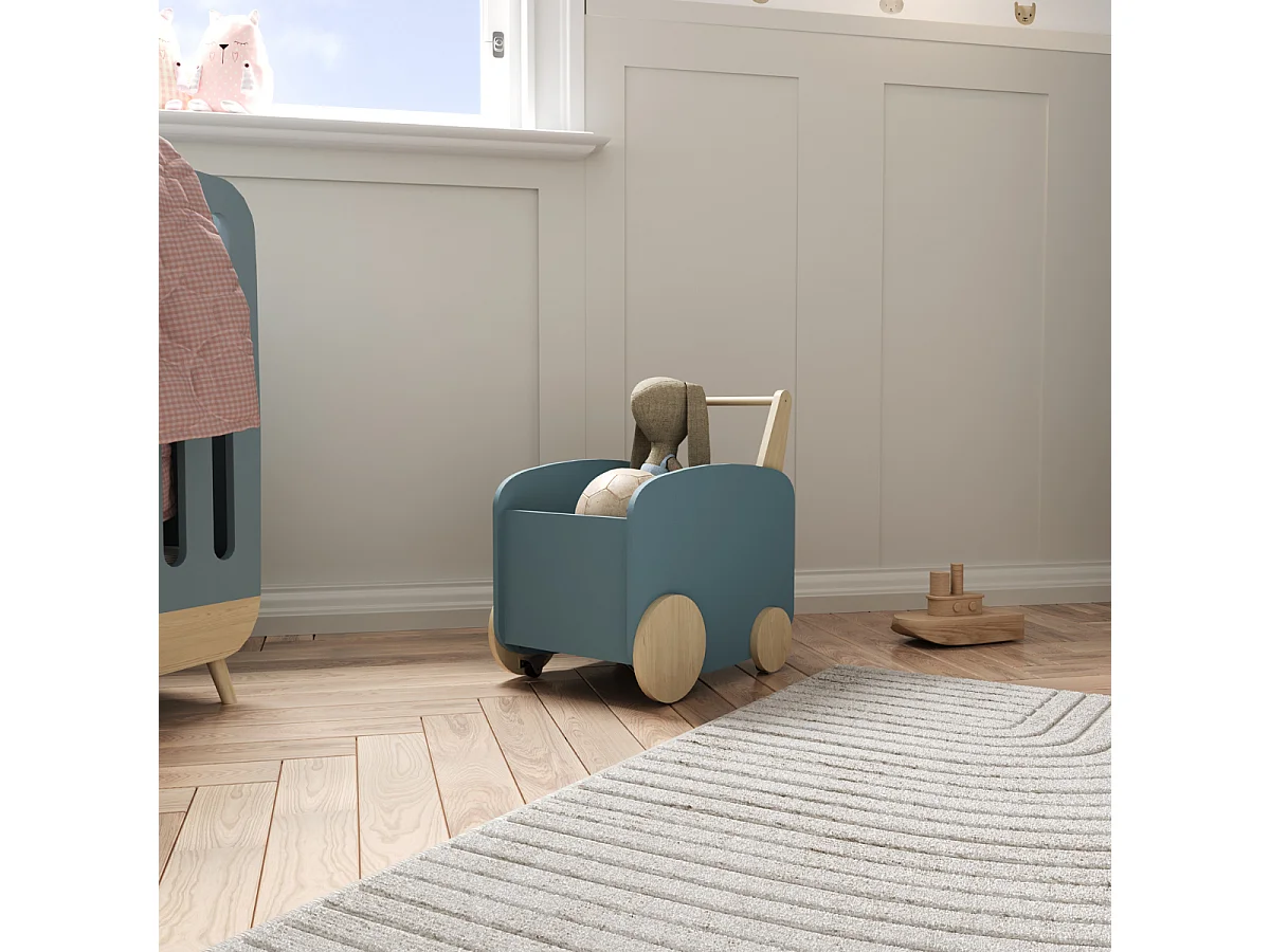 Carro de almacenaje escandinavo con ruedas - Azul tormenta y madera natural - 49,8 x 35 x 52,5 cm