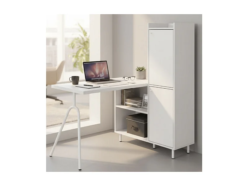 Bureau Pied métallique Arc et Armoire Blancs L 89.8 H 141.5 P 120 cm