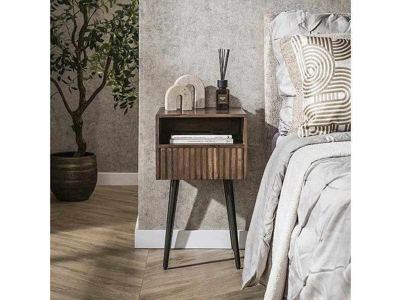Table de chevet bois brun, tiroir rainuré & niche NAKO