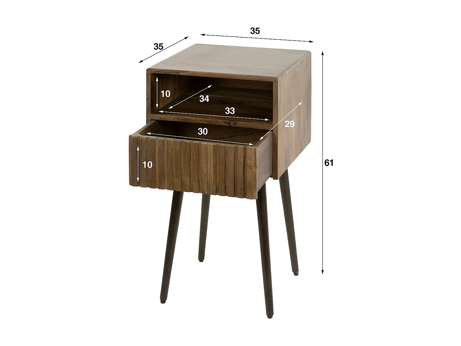 Table de chevet bois brun, tiroir rainuré & niche NAKO