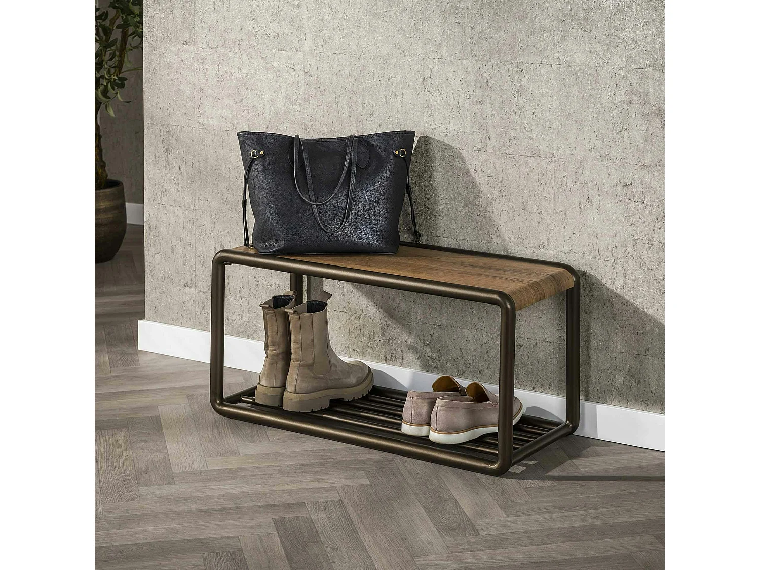 Banc à chaussures effet bois et métal cuivré HELSINKI