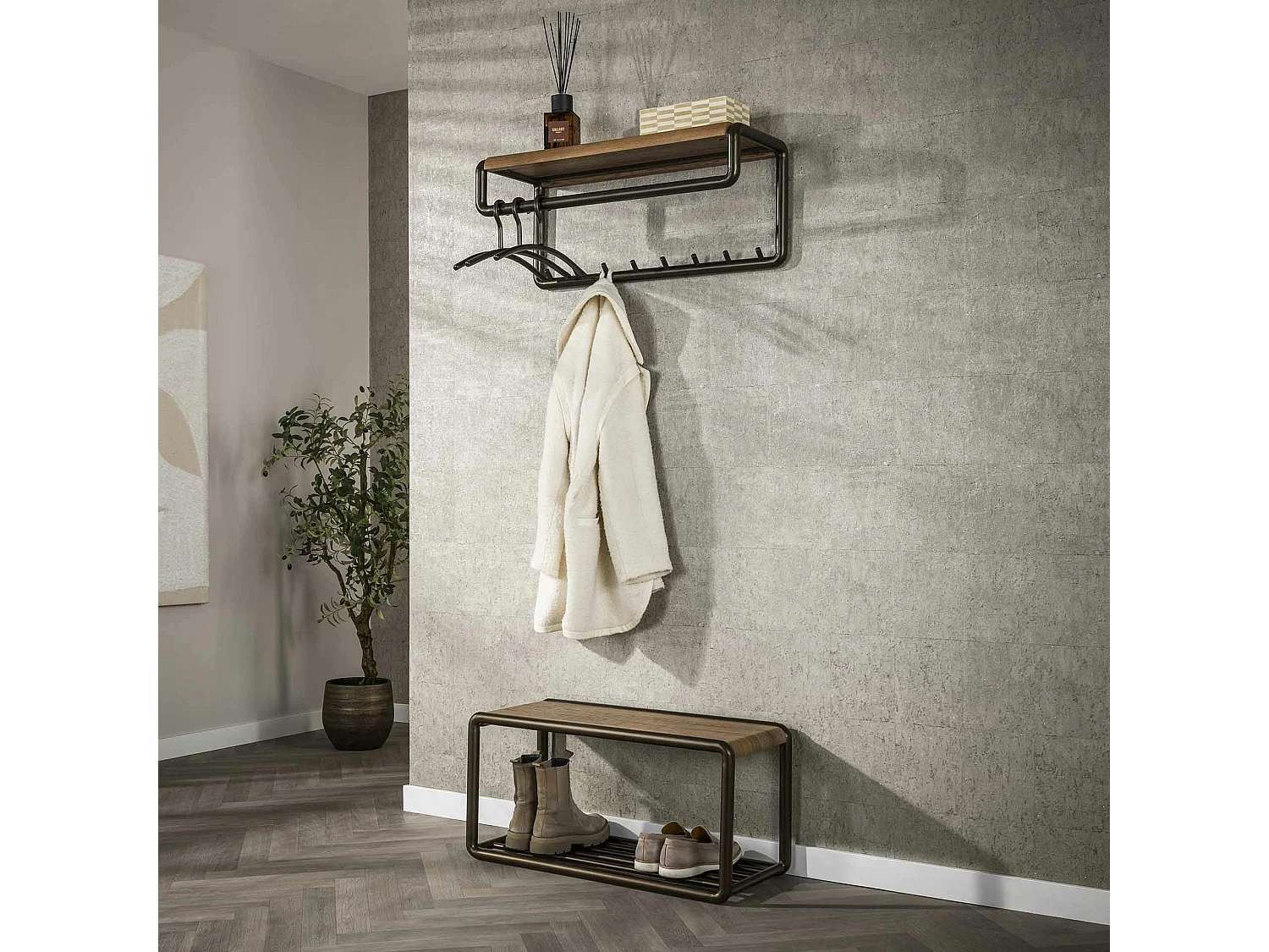 Banc à chaussures effet bois et métal cuivré HELSINKI