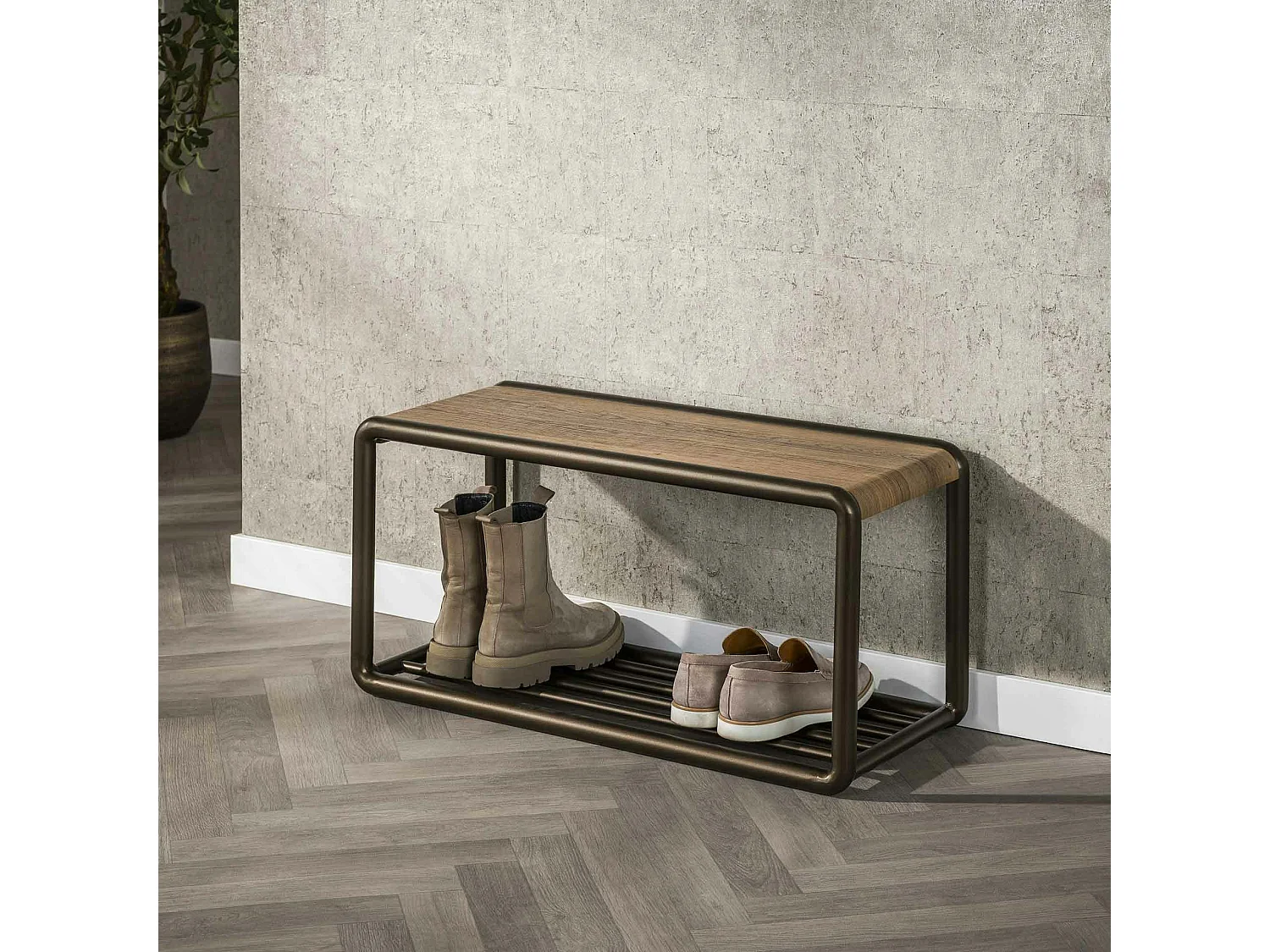 Banc à chaussures effet bois et métal cuivré HELSINKI
