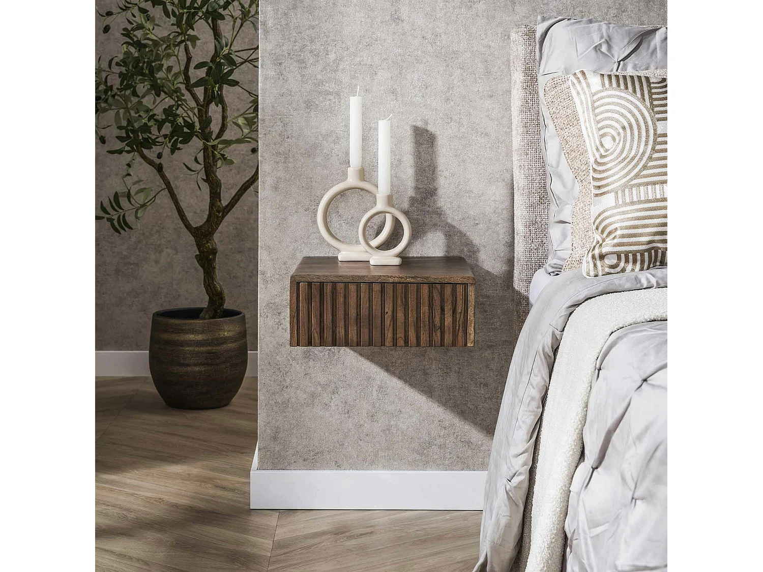 Table de chevet murale bois brun, tiroir rainuré (x2) NAKO