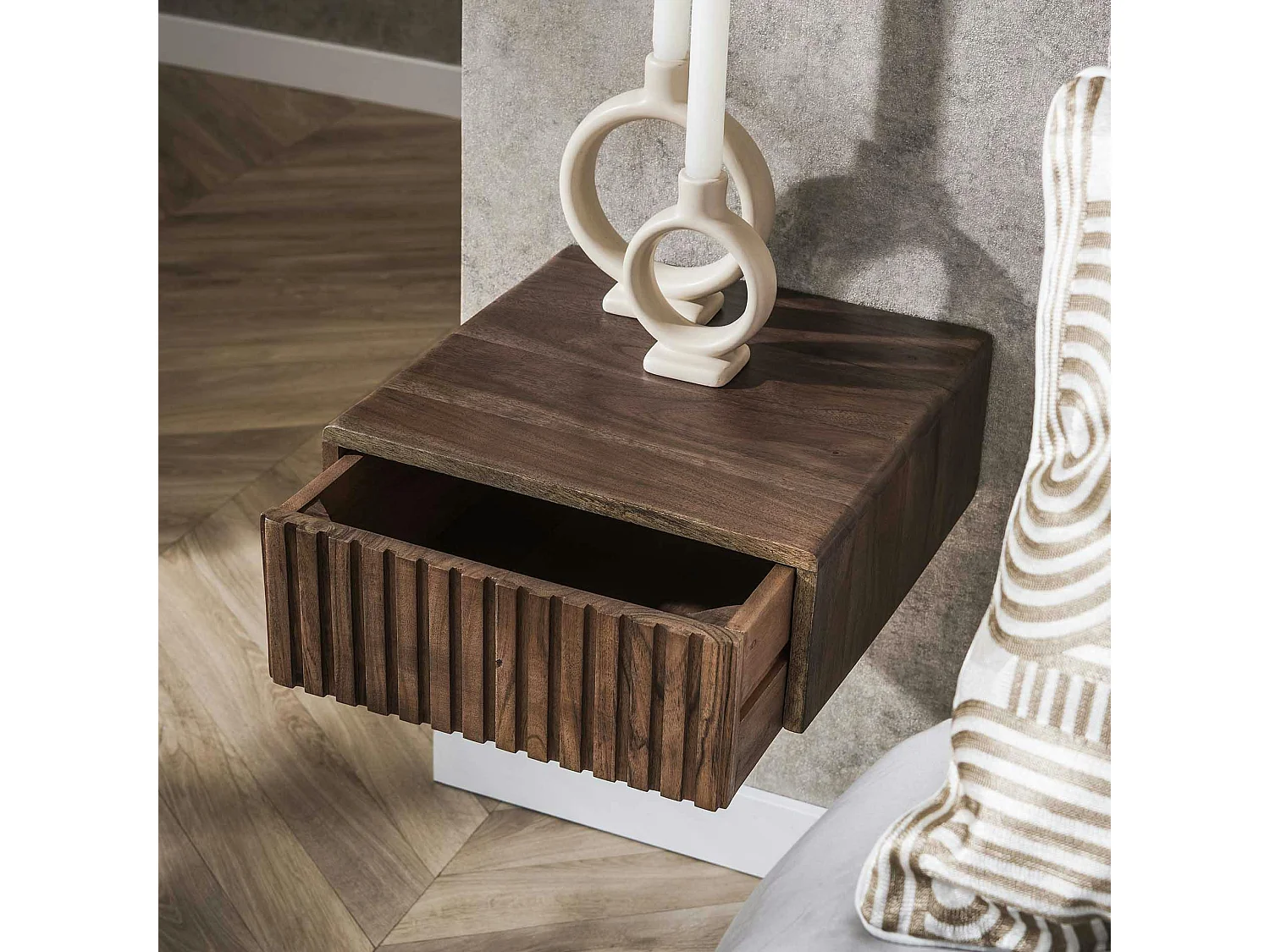 Table de chevet murale bois brun, tiroir rainuré (x2) NAKO