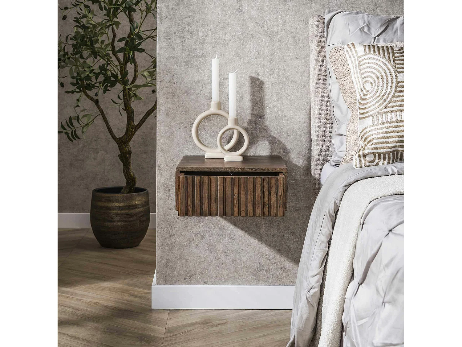 Table de chevet murale bois brun, tiroir rainuré (x2) NAKO