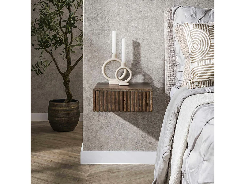 Table de chevet murale bois brun, tiroir rainuré (x2) NAKO