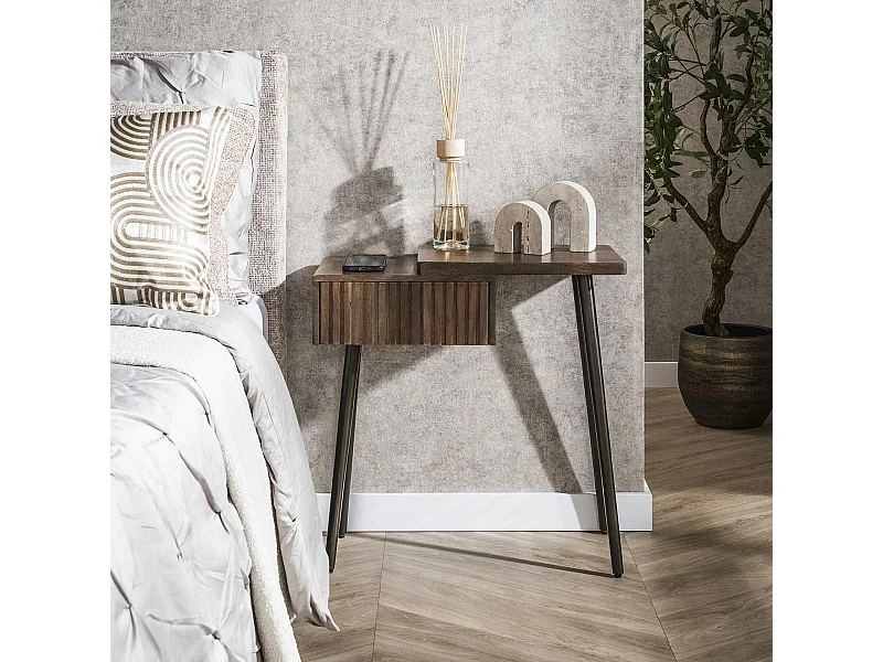 Table de chevet bois brun 2 plateaux & tiroir rainuré (D) NAKO