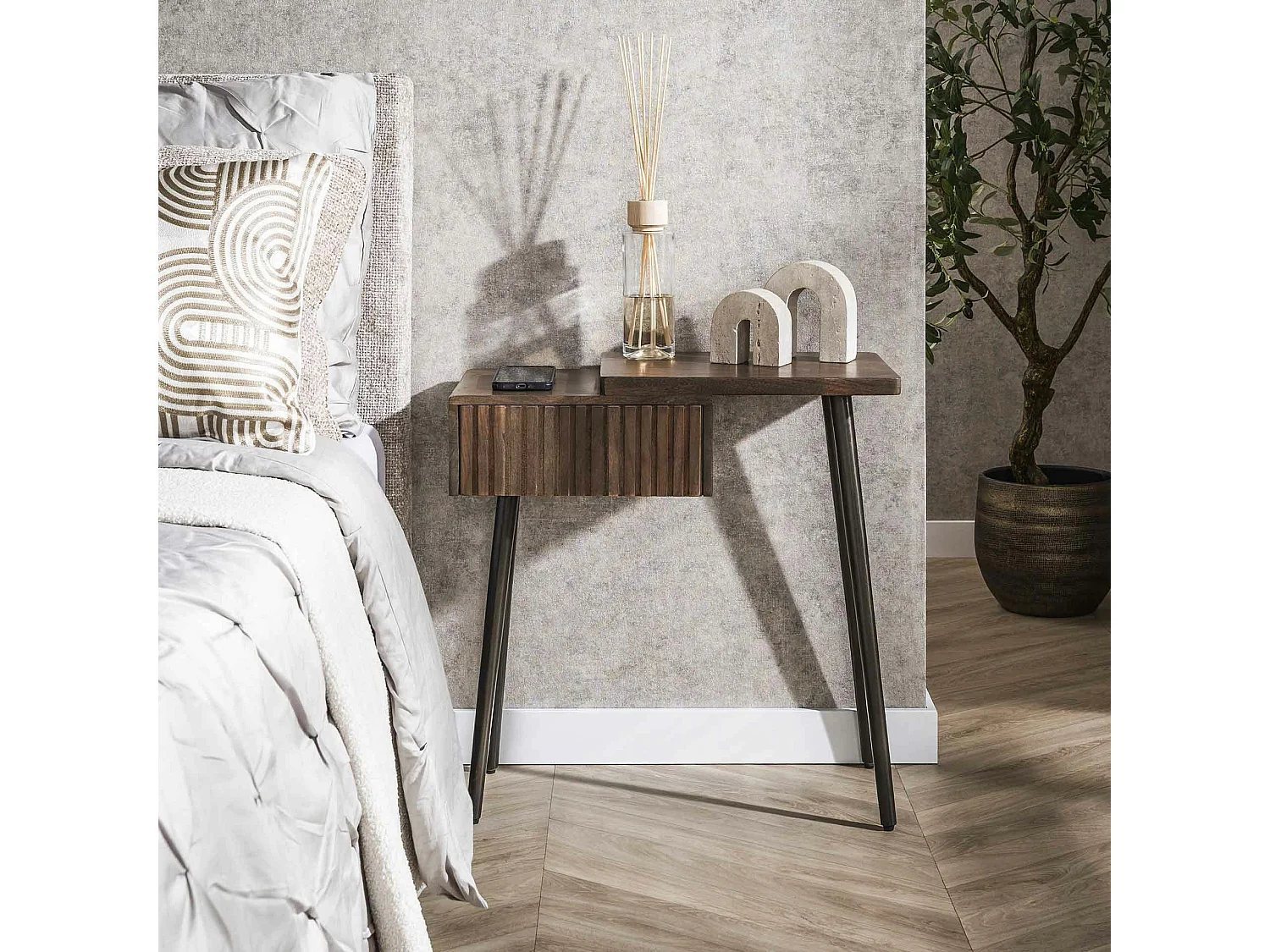 Table de chevet bois brun 2 plateaux & tiroir rainuré (D) NAKO