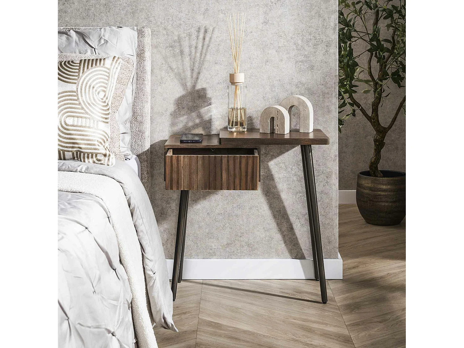 Table de chevet bois brun 2 plateaux & tiroir rainuré (D) NAKO