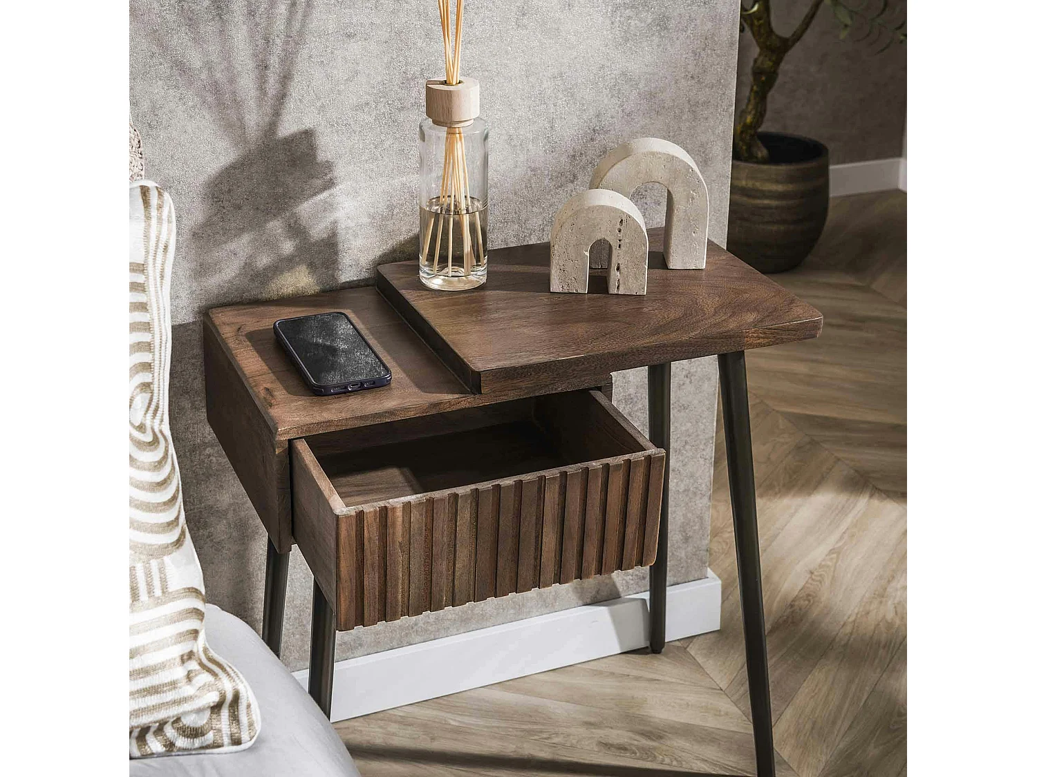 Table de chevet bois brun 2 plateaux & tiroir rainuré (D) NAKO